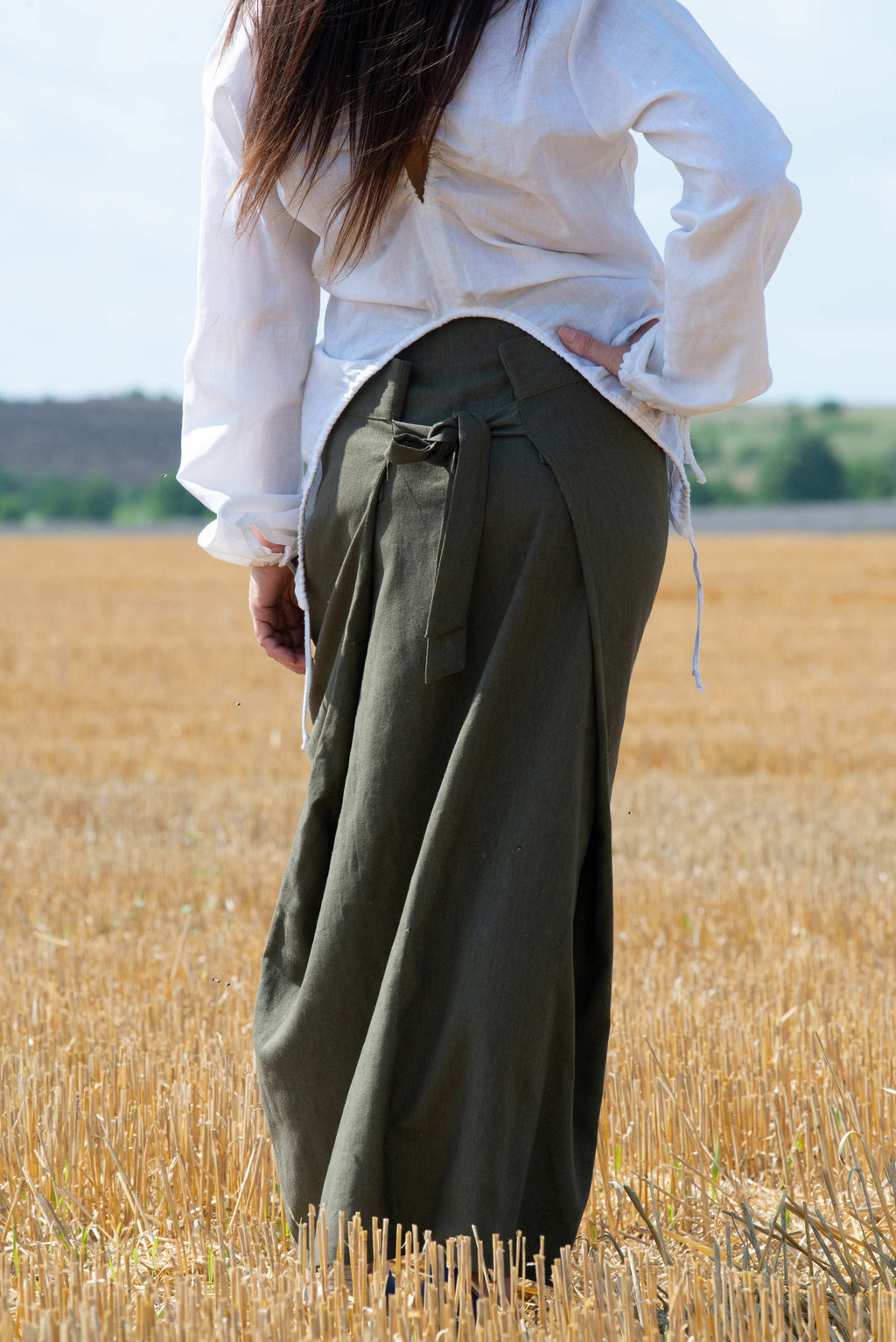 Linen long wrap skirt military green