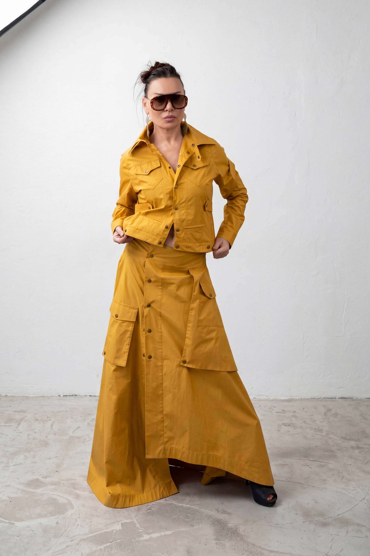 Mustard A-line maxi cotton skirt Jade with overlap closure and press-stud pockets - EUG Fashion #mustard
