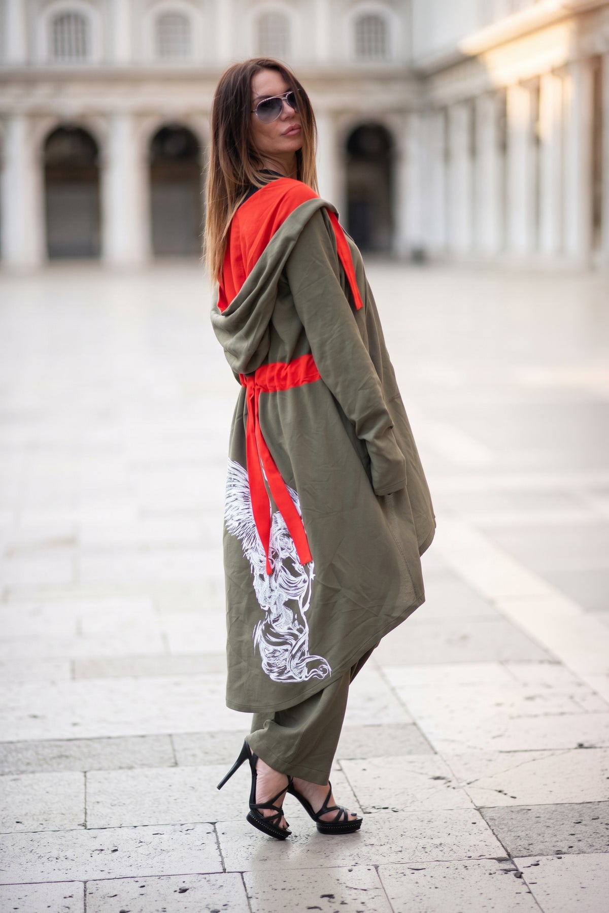 Military green hooded cotton viscose vest with orange belt and angel print on the back - asymmetric silhouette, Angela | EUG Fashion #military-green
