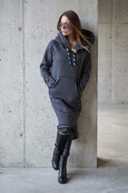 Dark grey 100% cotton hooded dress with large hood and kangaroo pocket - soft and warm for winter, Melinda | EUG Fashion #dark-grey
