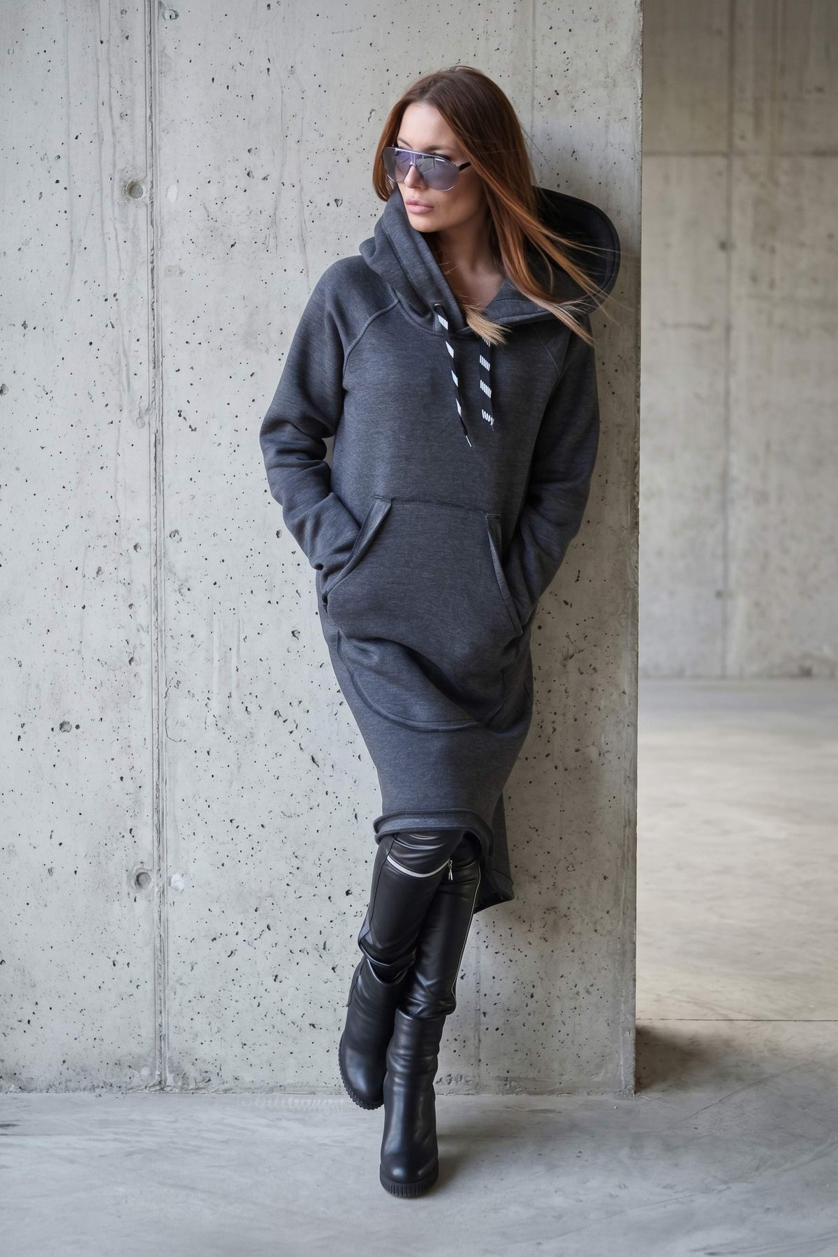 Dark grey 100% cotton hooded dress with large hood and kangaroo pocket - soft and warm for winter, Melinda | EUG Fashion #dark-grey
