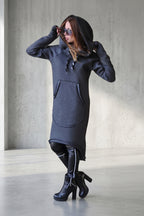 Dark grey 100% cotton hooded dress with large hood and kangaroo pocket - soft and warm for winter, Melinda | EUG Fashion #dark-grey
