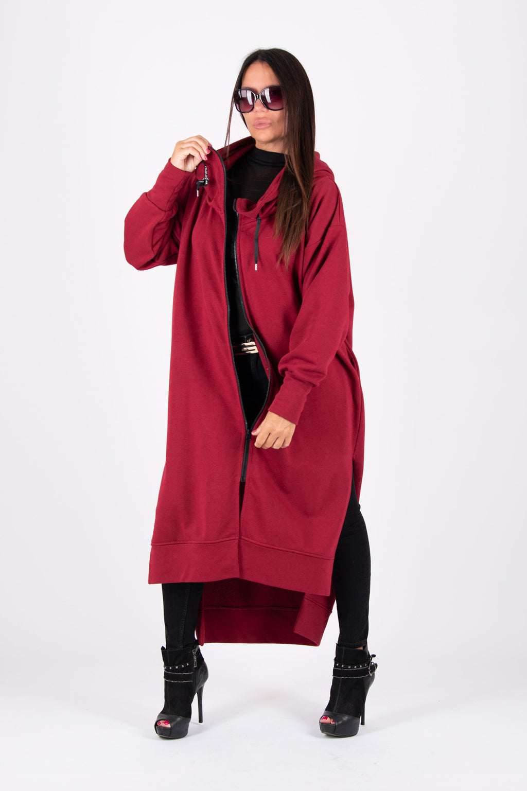 Dark Red long zip-up hooded top - mid-calf length, back print and side pockets, Trani | EUG Fashion #dark-red