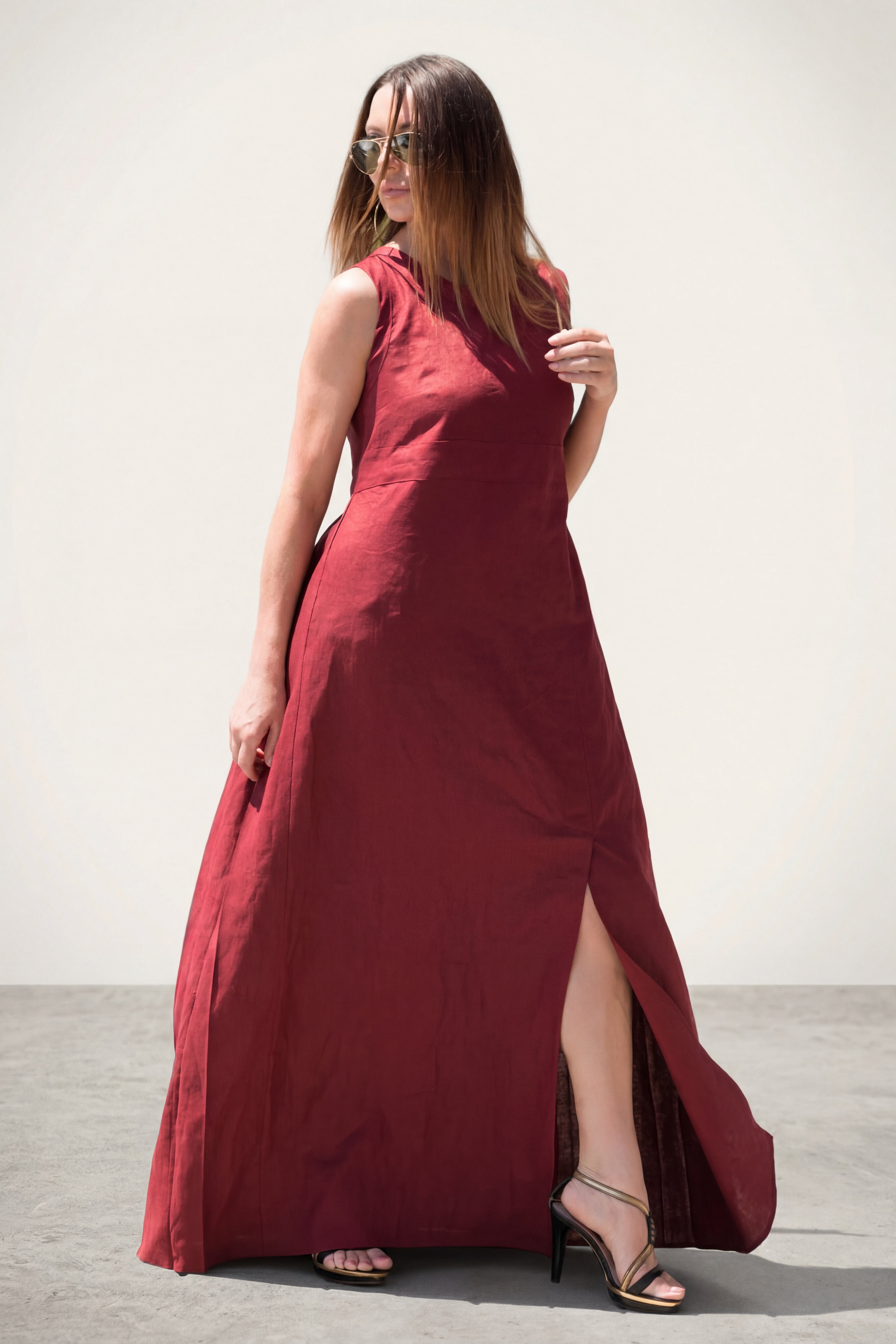 long-linen-dark-red-dress EUG fashion #dark-red