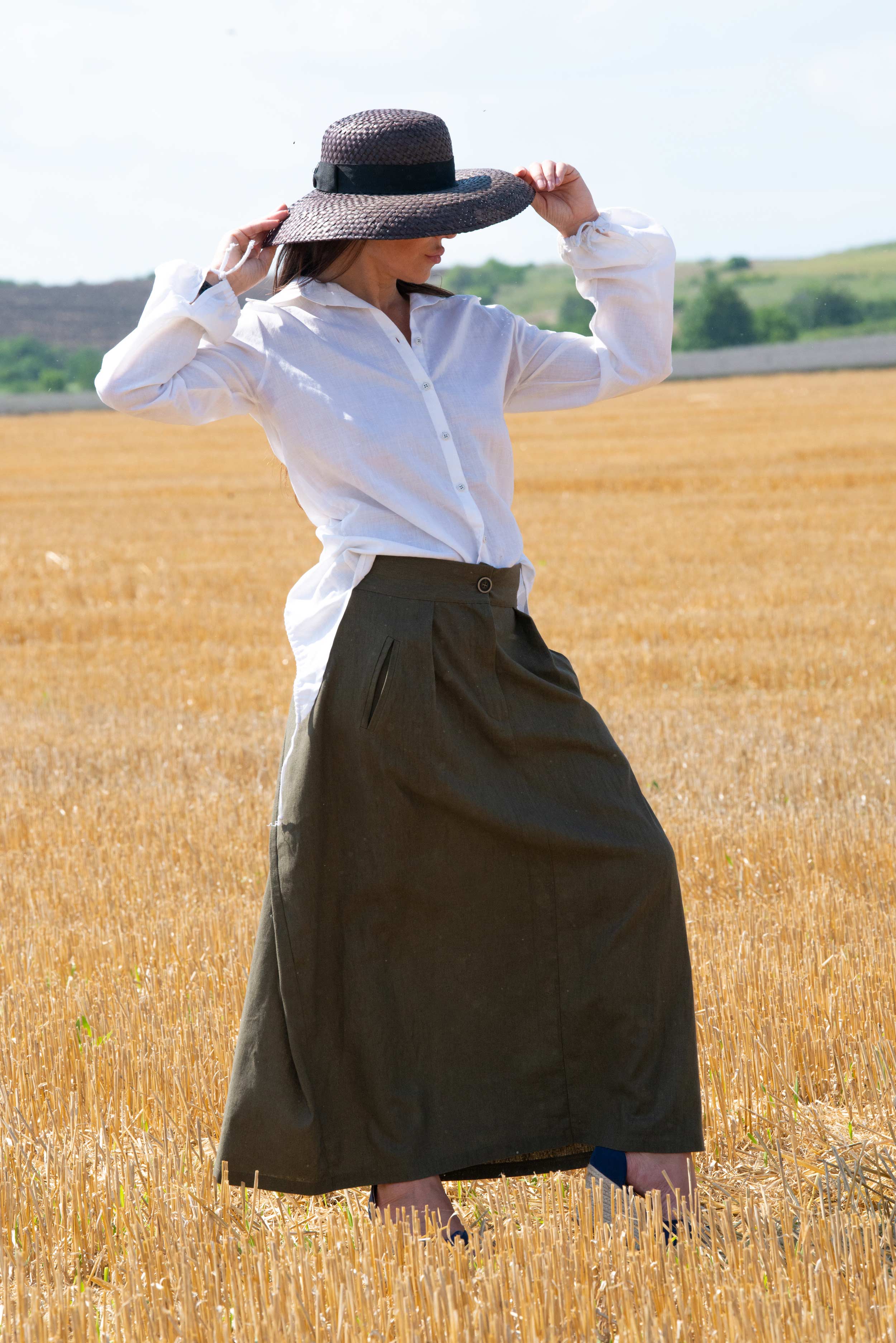 Linen long wrap skirt military green