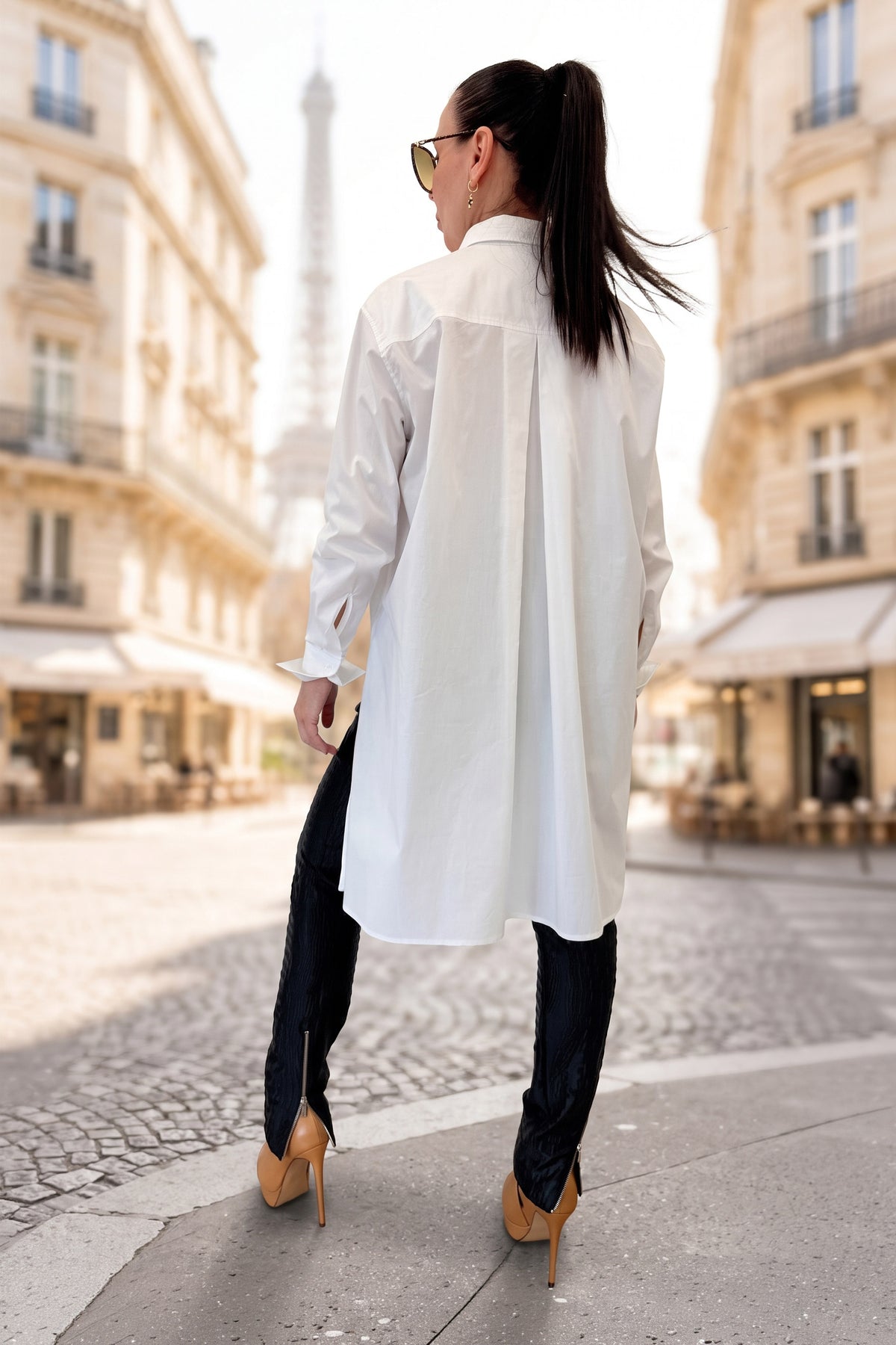 White asymmetric cotton shirt - large front pockets, high-low hem, long sleeves with buttoned cuffs, Anel | EUG Fashion #white