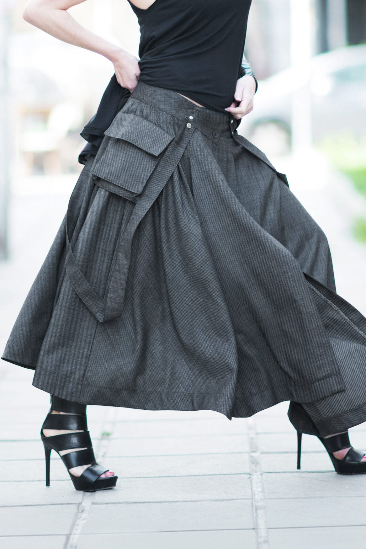 Dark gray asymmetric pleated wool skirt Zefira with suspenders and cargo pockets - EUG Fashion #dark-gray