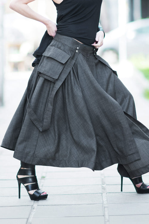 Dark gray asymmetric pleated wool skirt Zefira with suspenders and cargo pockets - EUG Fashion #dark-gray