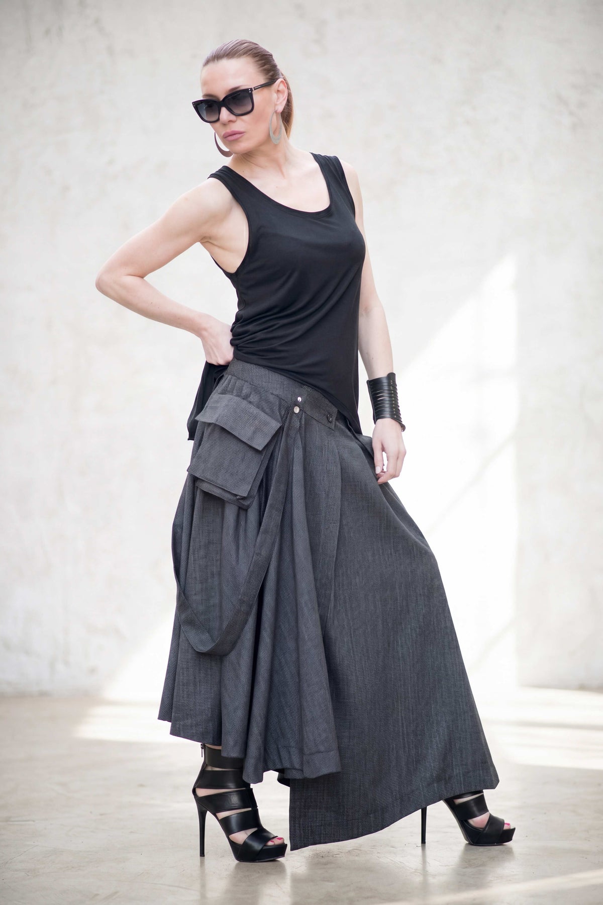 Dark gray asymmetric pleated wool skirt Zefira with suspenders and cargo pockets - EUG Fashion #dark-gray