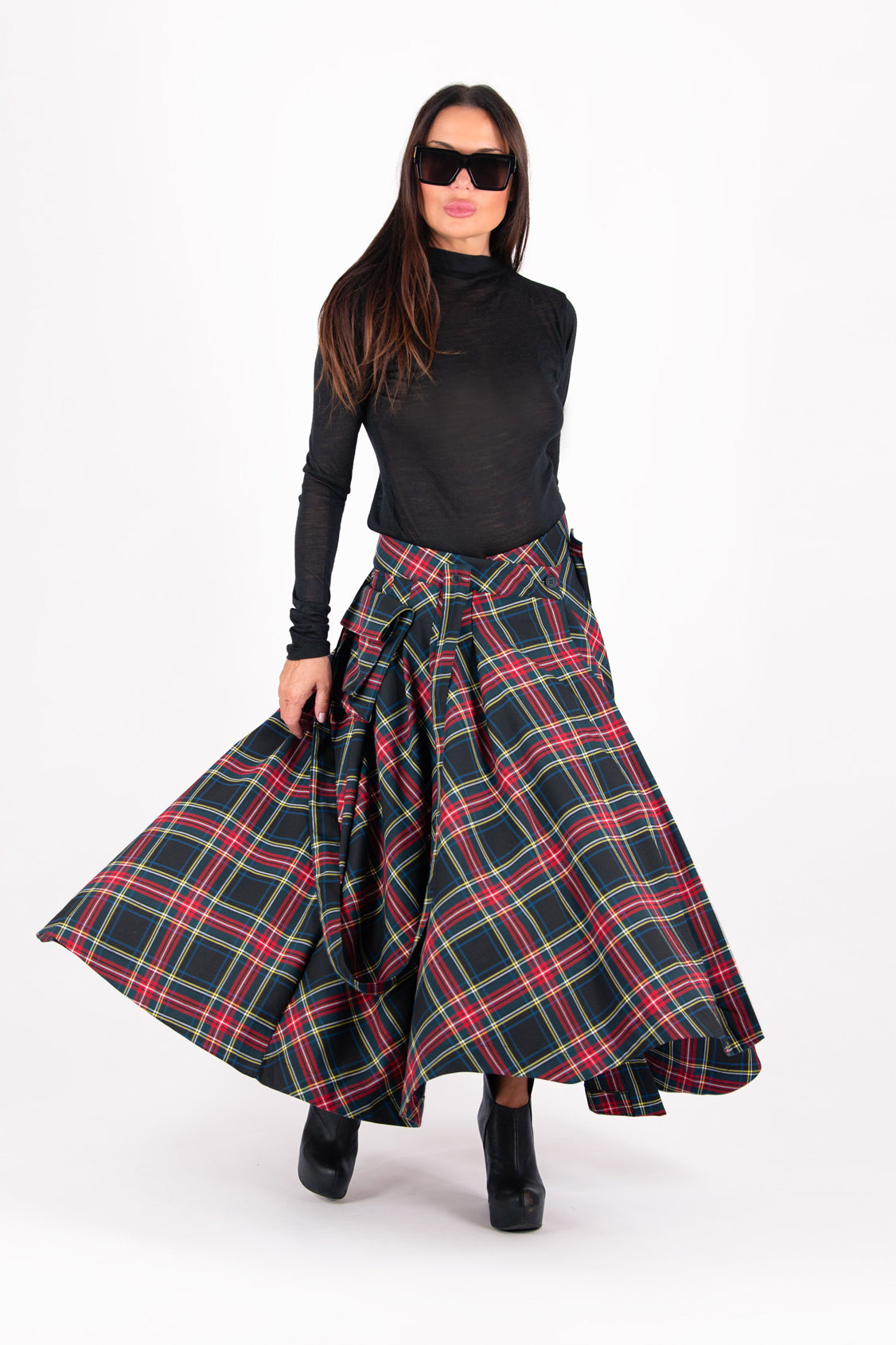 Plaid cotton asymmetric skirt Zefira with suspenders and cargo pockets - EUG Fashion #plaid
