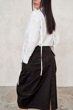 Black denim barrel skirt Huanita with topstitching front pockets and back slit - EUG Fashion #black
