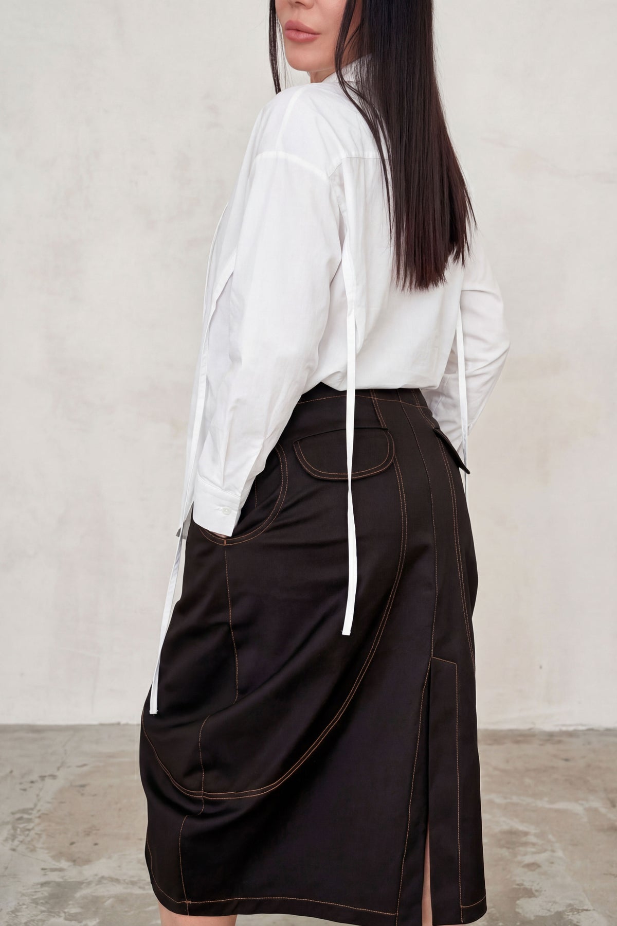 Black denim barrel skirt Huanita with topstitching front pockets and back slit - EUG Fashion #black
