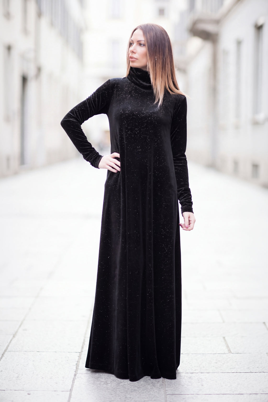 Black shimmer silk velvet A-line dress Vivian with polo neckline - EUG Fashion #black
