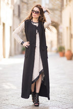 Black long sleeveless wool-feel vest with single-button closure - warm layering piece, Irene | EUG Fashion #black
