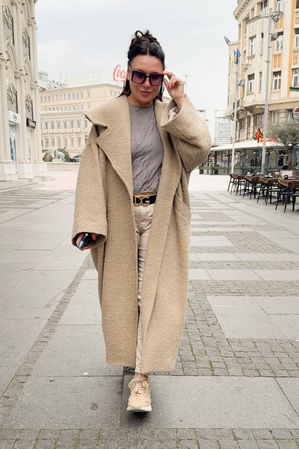 Beige bouclé cape coat Siri with wide shawl collar - EUG Fashion #beige