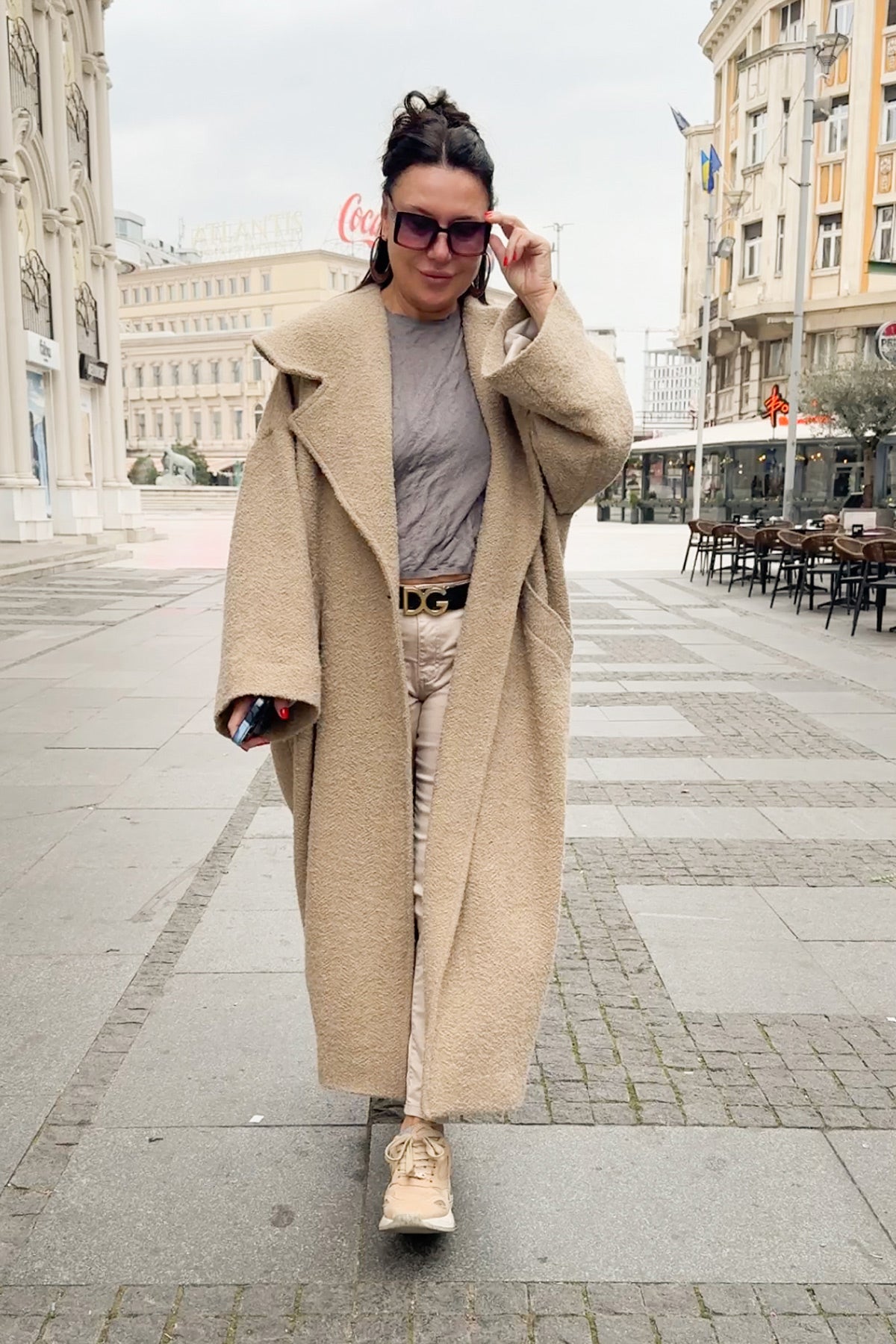 Beige bouclé cape coat Siri with wide shawl collar - EUG Fashion #beige