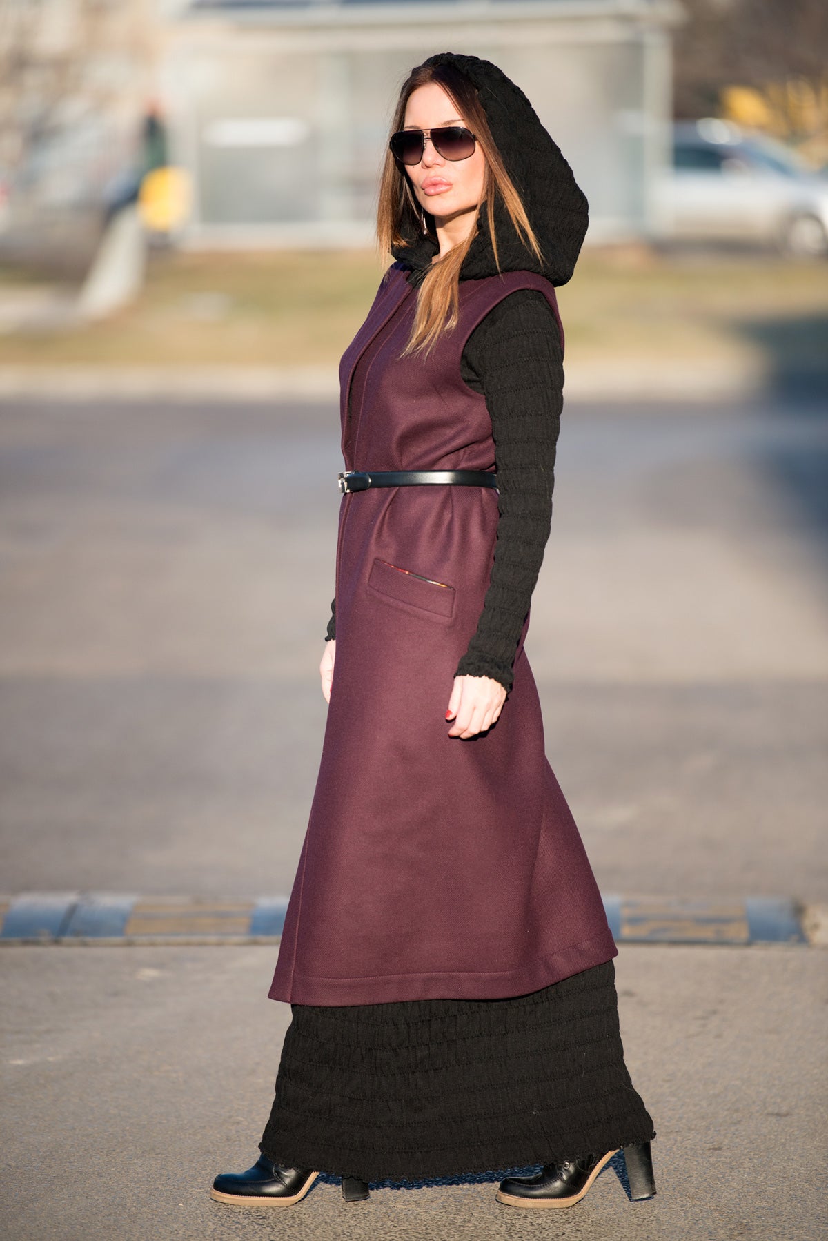 Dark red long sleeveless wool-feel vest with single-button closure - lightweight layering piece, Irene | EUG Fashion #dark-red
