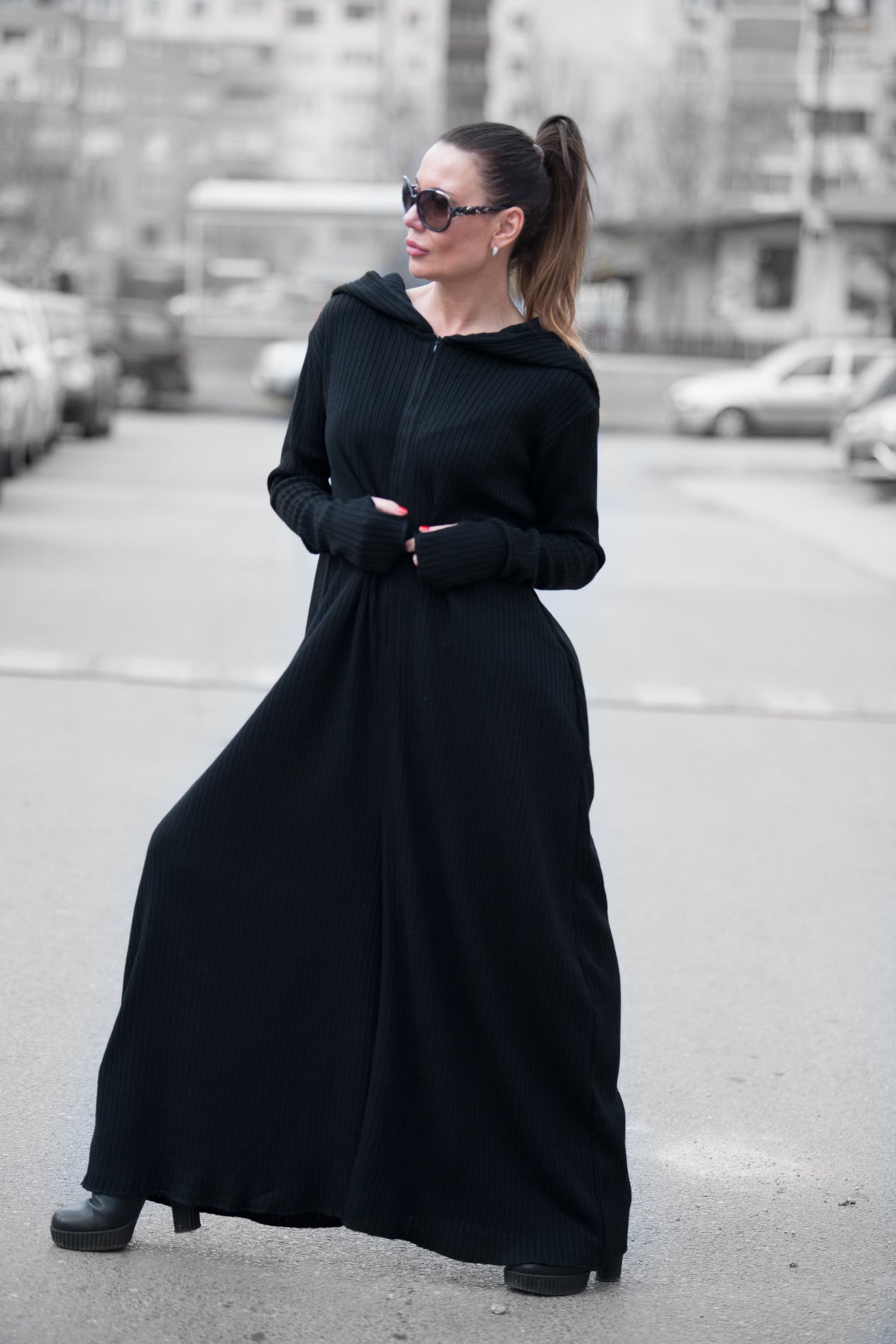Black knitted  hooded jumpsuit #black