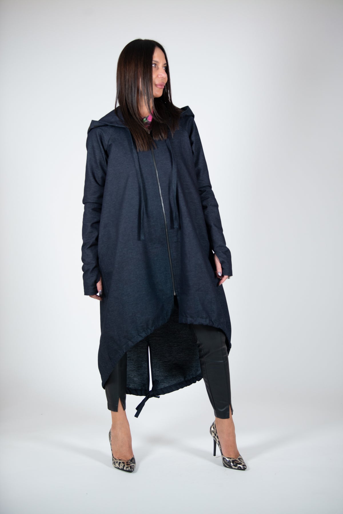 Navy denim hooded asymmetric jacket Sydney with zip and drawstring hem - EUG Fashion #navy
