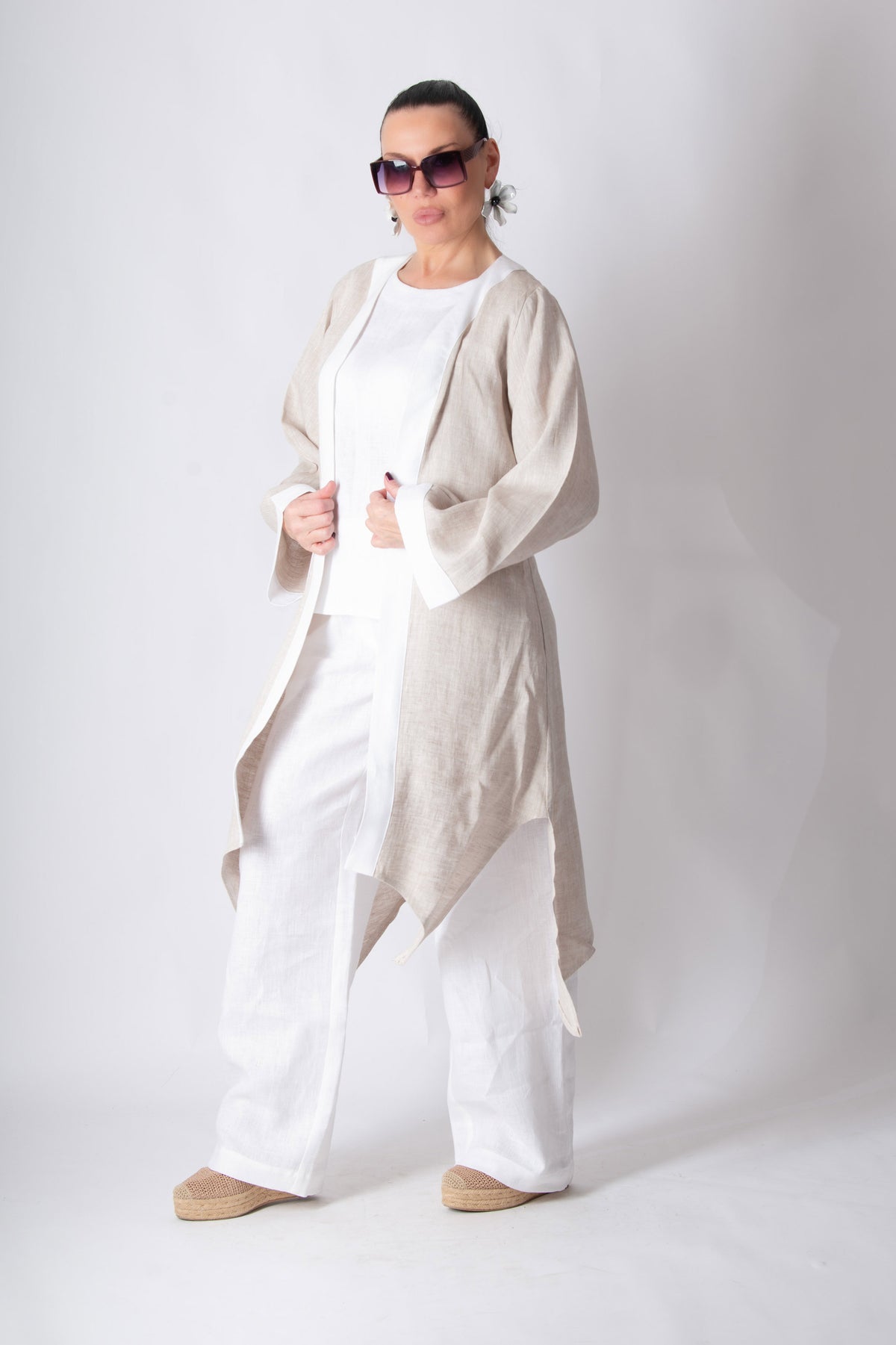 Natural wide linen vest with white trim on front and cuffs - wide sleeves, Genoa | EUG Fashion #natural
