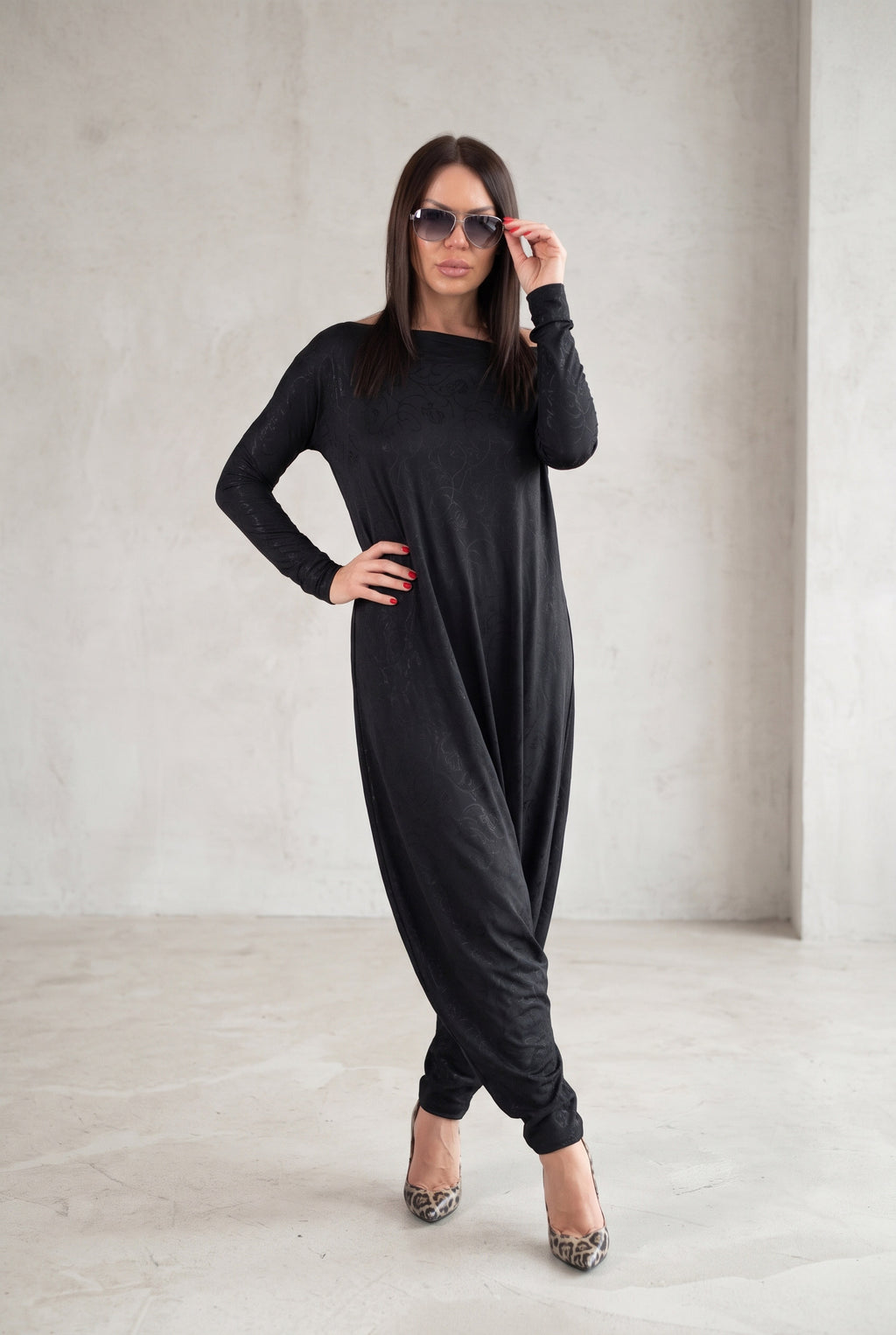 Black jersey harem jumpsuit - boat neckline, fitted sleeves and loose draped silhouette with tapered legs, Marla | EUG Fashion