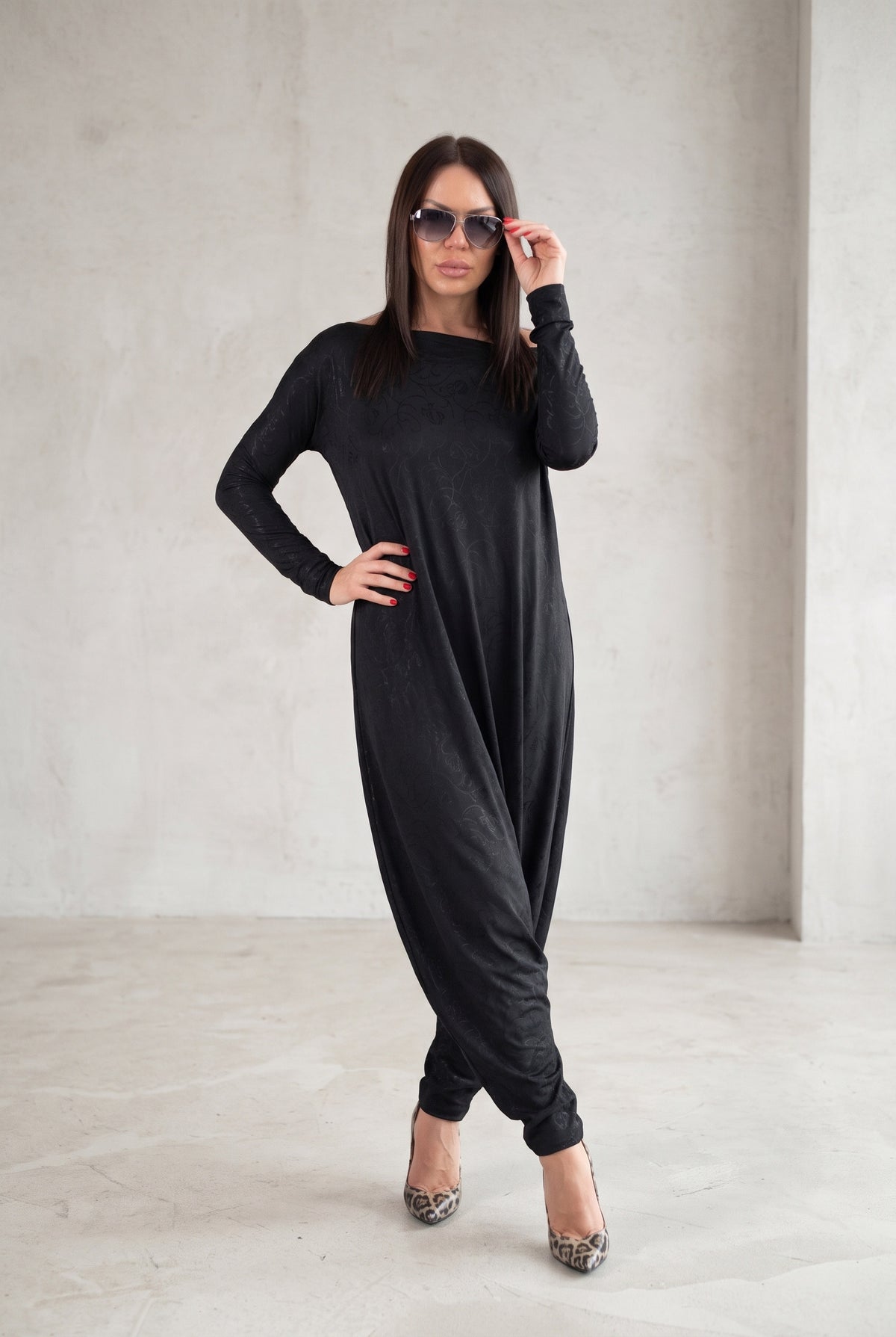 Black jersey harem jumpsuit - boat neckline, fitted sleeves and loose draped silhouette with tapered legs, Marla | EUG Fashion