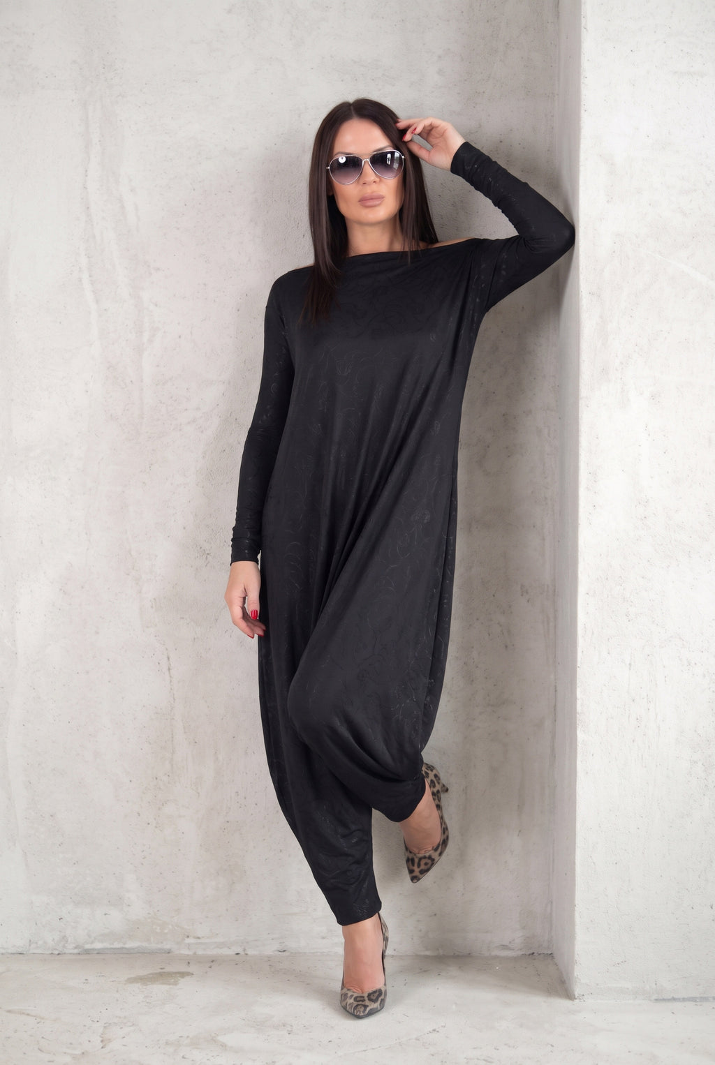 Black jersey harem jumpsuit - boat neckline, fitted sleeves and loose draped silhouette with tapered legs, Marla | EUG Fashion