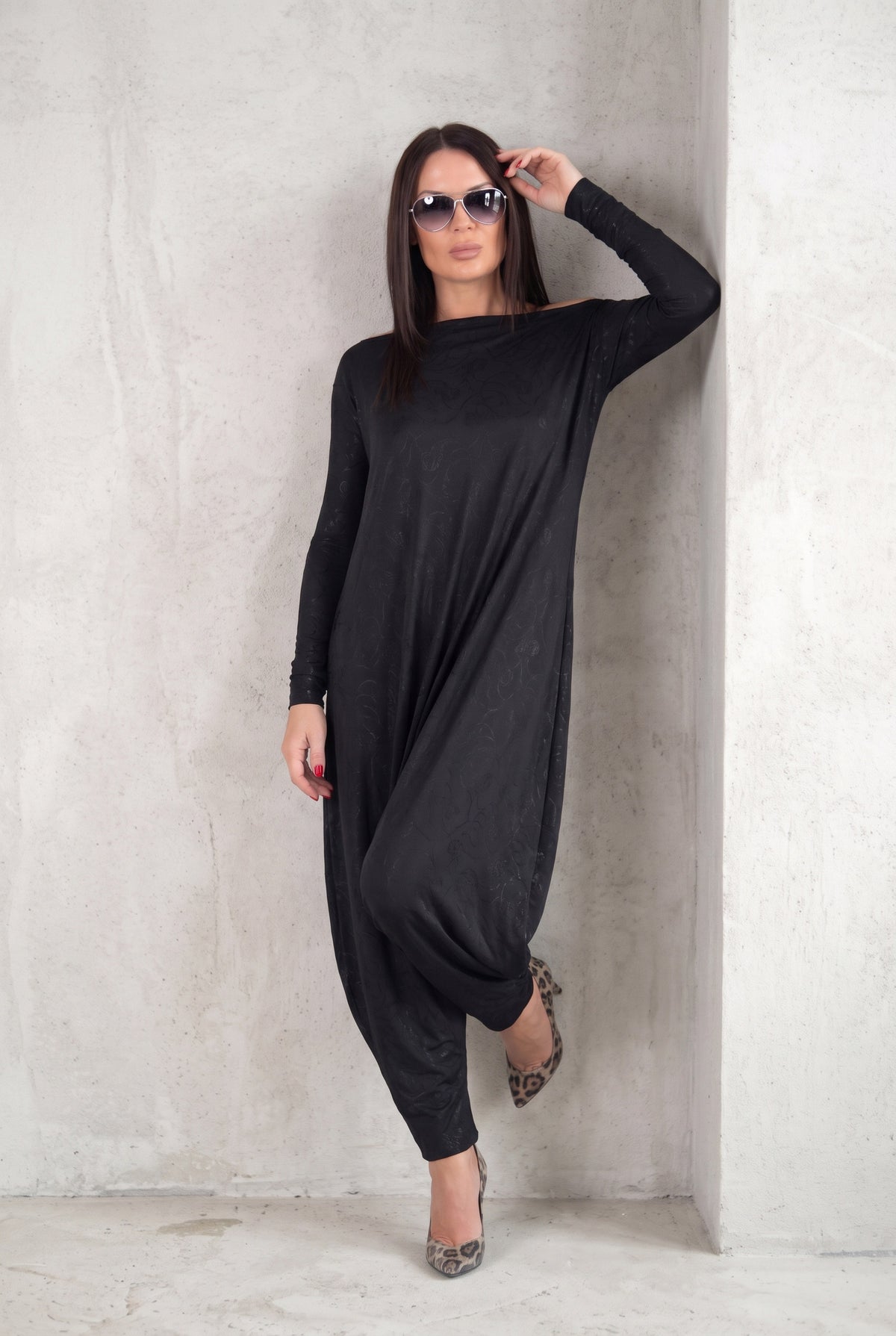 Black jersey harem jumpsuit - boat neckline, fitted sleeves and loose draped silhouette with tapered legs, Marla | EUG Fashion