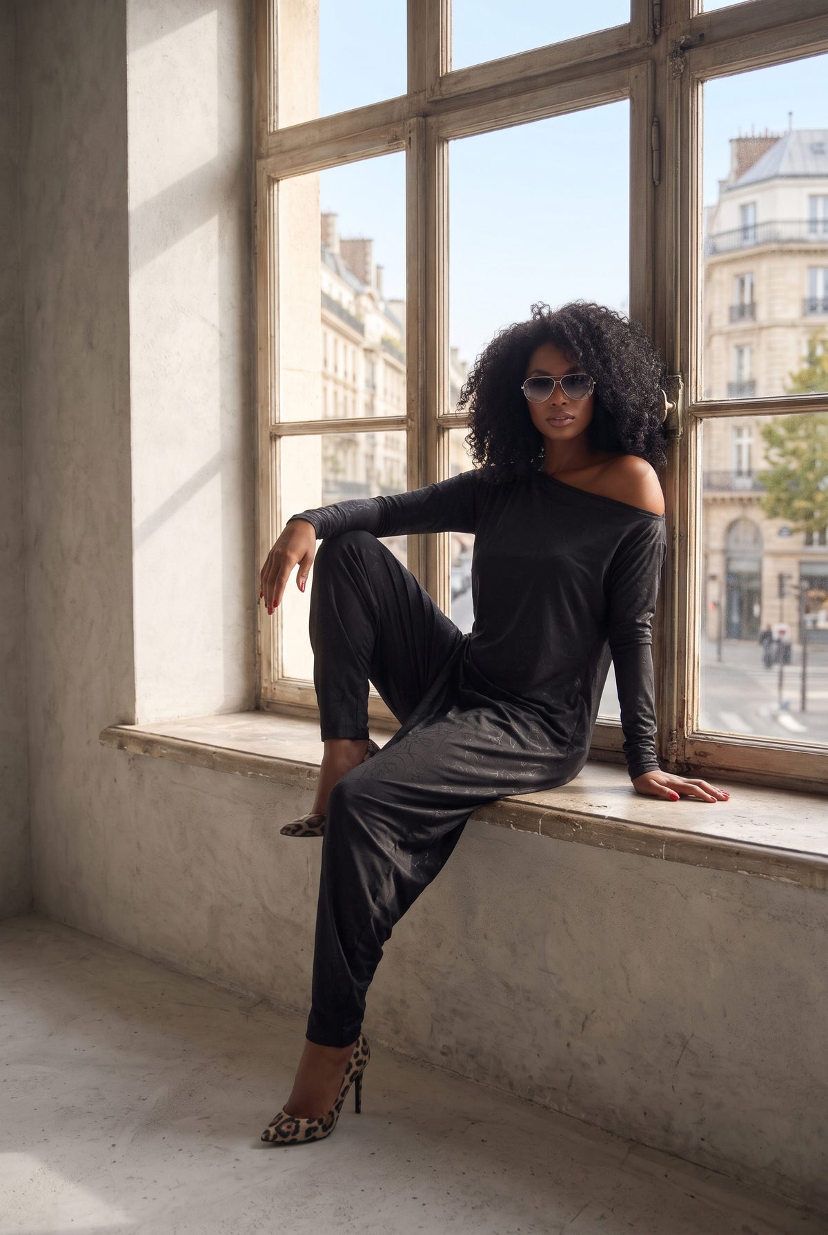 Black jersey harem jumpsuit - boat neckline, fitted sleeves and loose draped silhouette with tapered legs, Marla | EUG Fashion