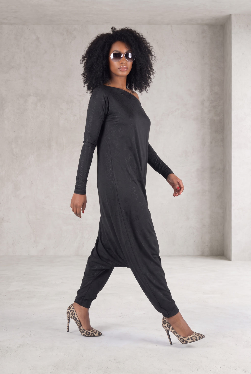Black jersey harem jumpsuit - boat neckline, fitted sleeves and loose draped silhouette with tapered legs, Marla | EUG Fashion