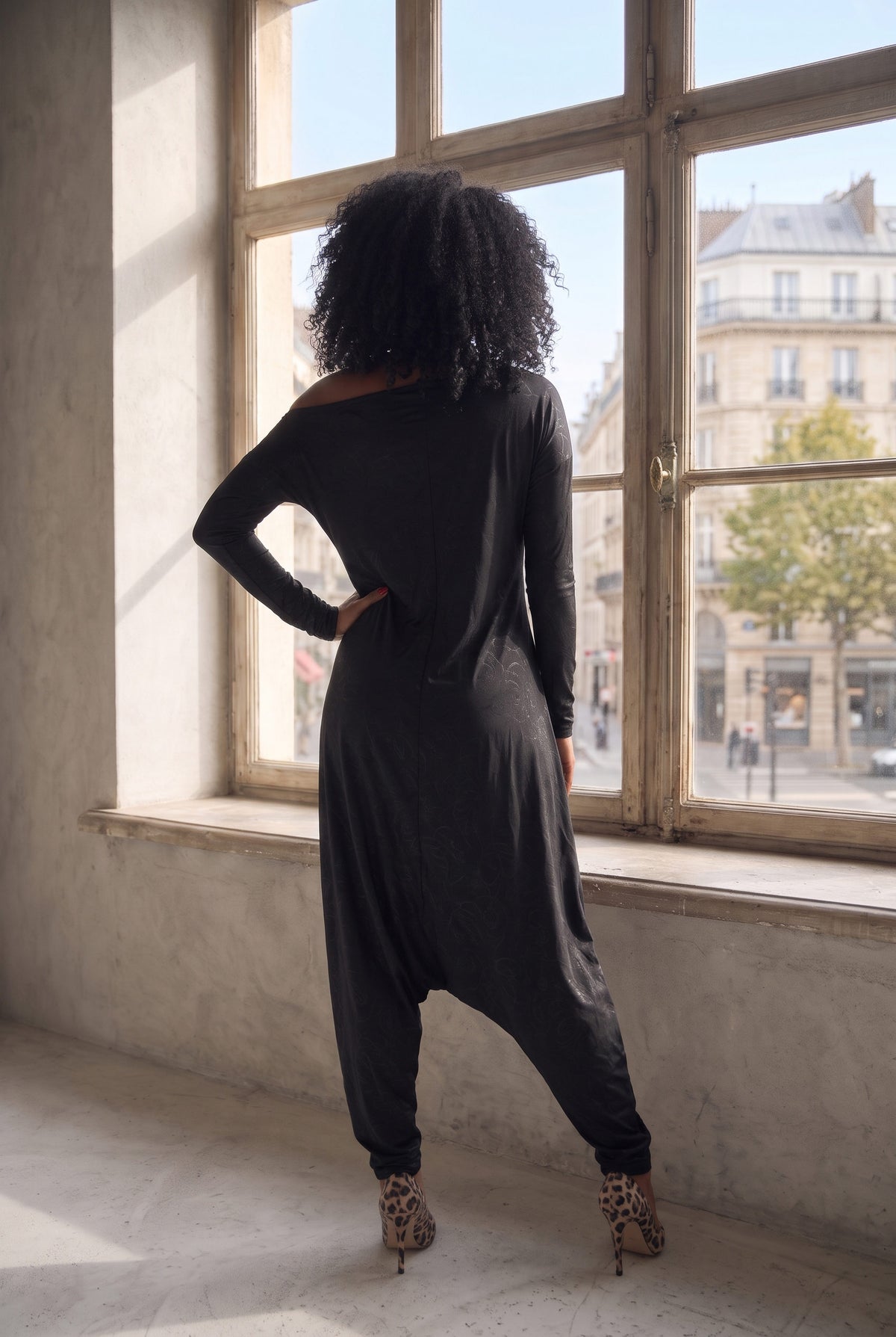 Black jersey harem jumpsuit - boat neckline, fitted sleeves and loose draped silhouette with tapered legs, Marla | EUG Fashion