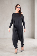 Black jersey harem jumpsuit - boat neckline, fitted sleeves and loose draped silhouette with tapered legs, Marla | EUG Fashion