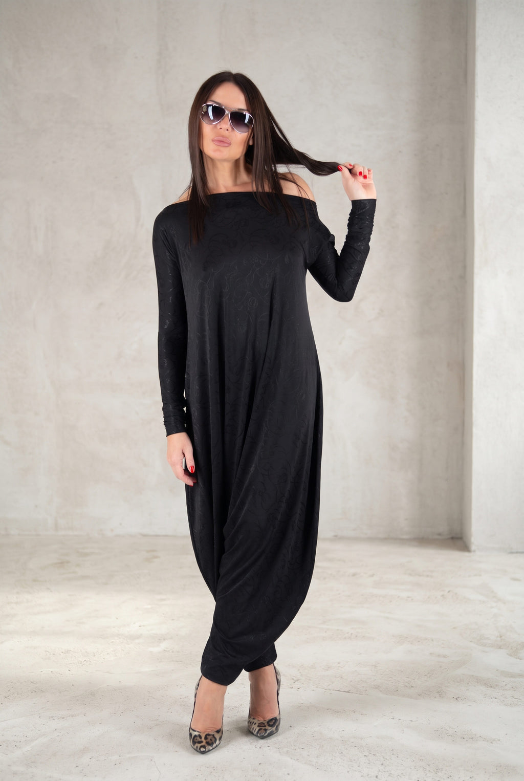 Black jersey harem jumpsuit - boat neckline, fitted sleeves and loose draped silhouette with tapered legs, Marla | EUG Fashion