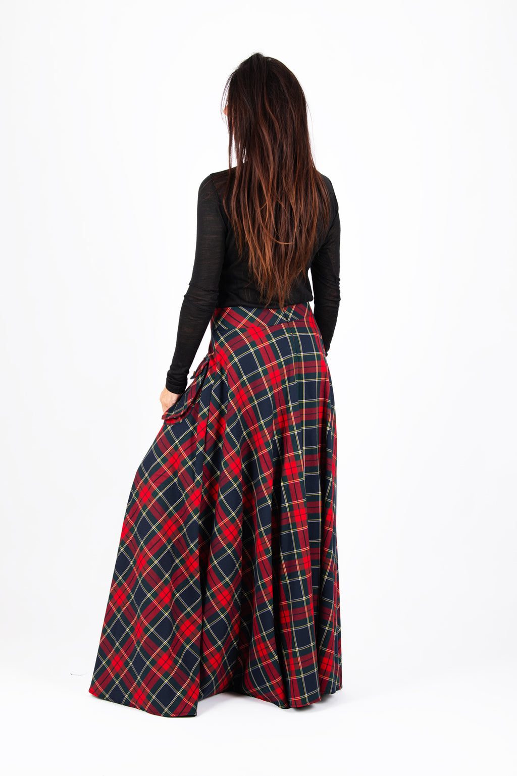 Red plaid A-line maxi skirt Katya with gold buttons and cargo pockets - EUG Fashion #plaid
