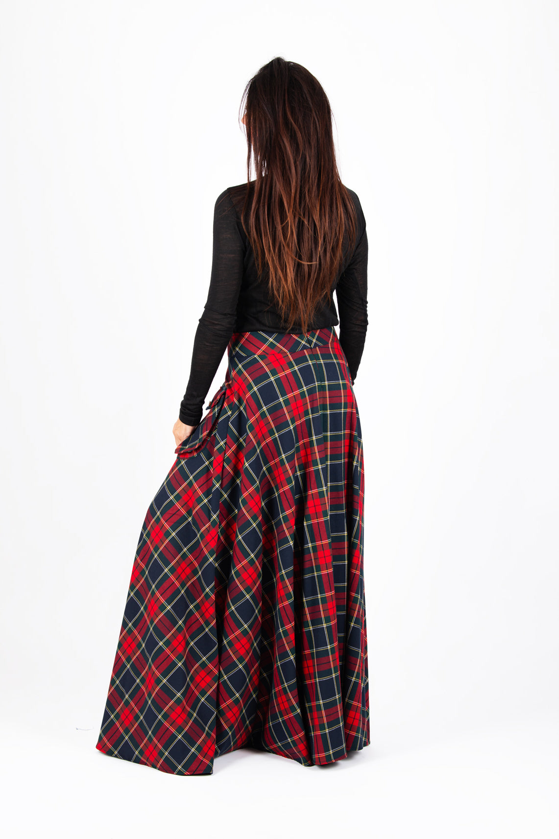 Red plaid A-line maxi skirt Katya with gold buttons and cargo pockets - EUG Fashion #plaid
