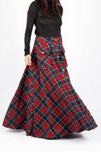 Red plaid A-line maxi skirt Katya with gold buttons and cargo pockets - EUG Fashion #plaid
