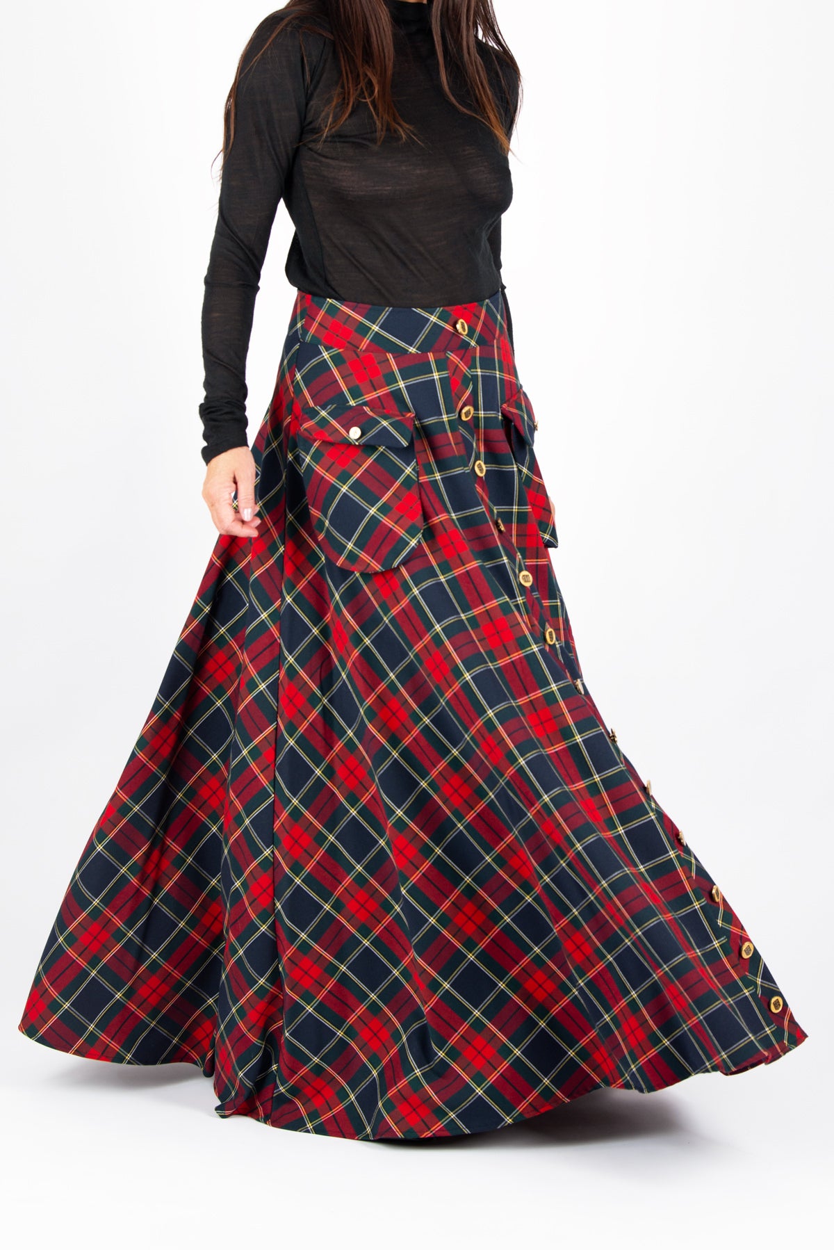 Red plaid A-line maxi skirt Katya with gold buttons and cargo pockets - EUG Fashion #plaid