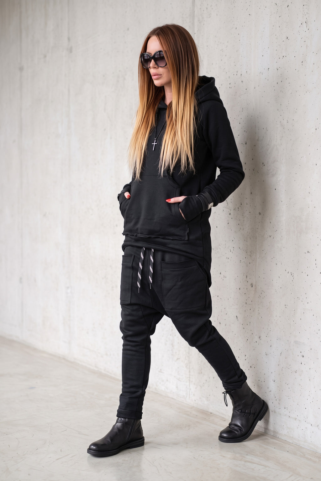 Black cotton tracksuit with oversized hoodie and harem trousers - relaxed comfortable fit, Megan | EUG Fashion #black