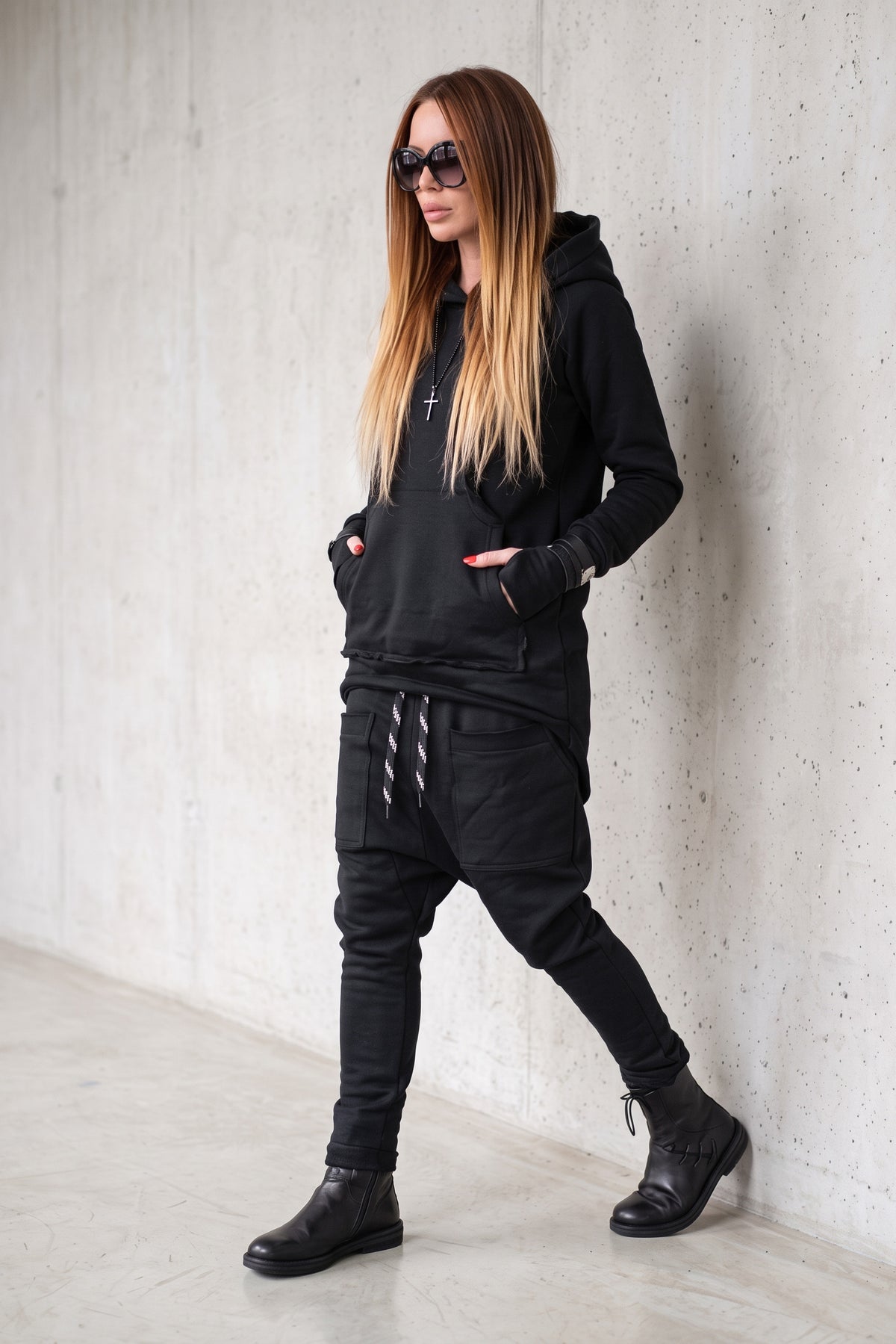 Black cotton tracksuit with oversized hoodie and harem trousers - relaxed comfortable fit, Megan | EUG Fashion #black