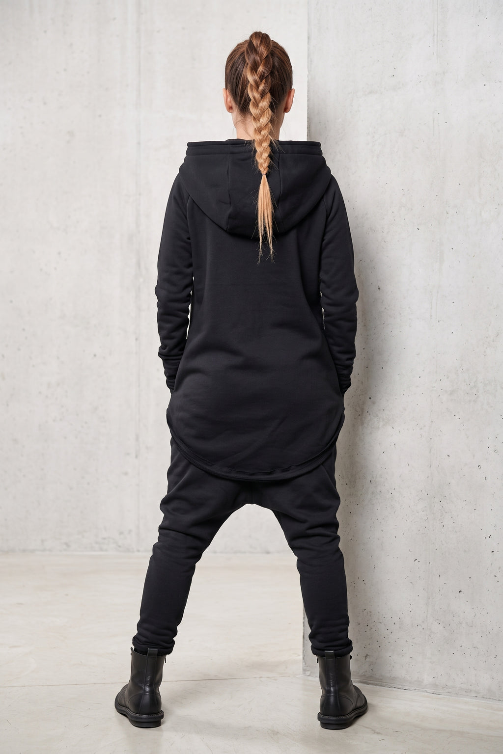 Black cotton tracksuit with oversized hoodie and harem trousers - relaxed comfortable fit, Megan | EUG Fashion #black