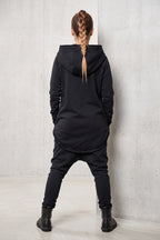 Black cotton tracksuit with oversized hoodie and harem trousers - relaxed comfortable fit, Megan | EUG Fashion #black