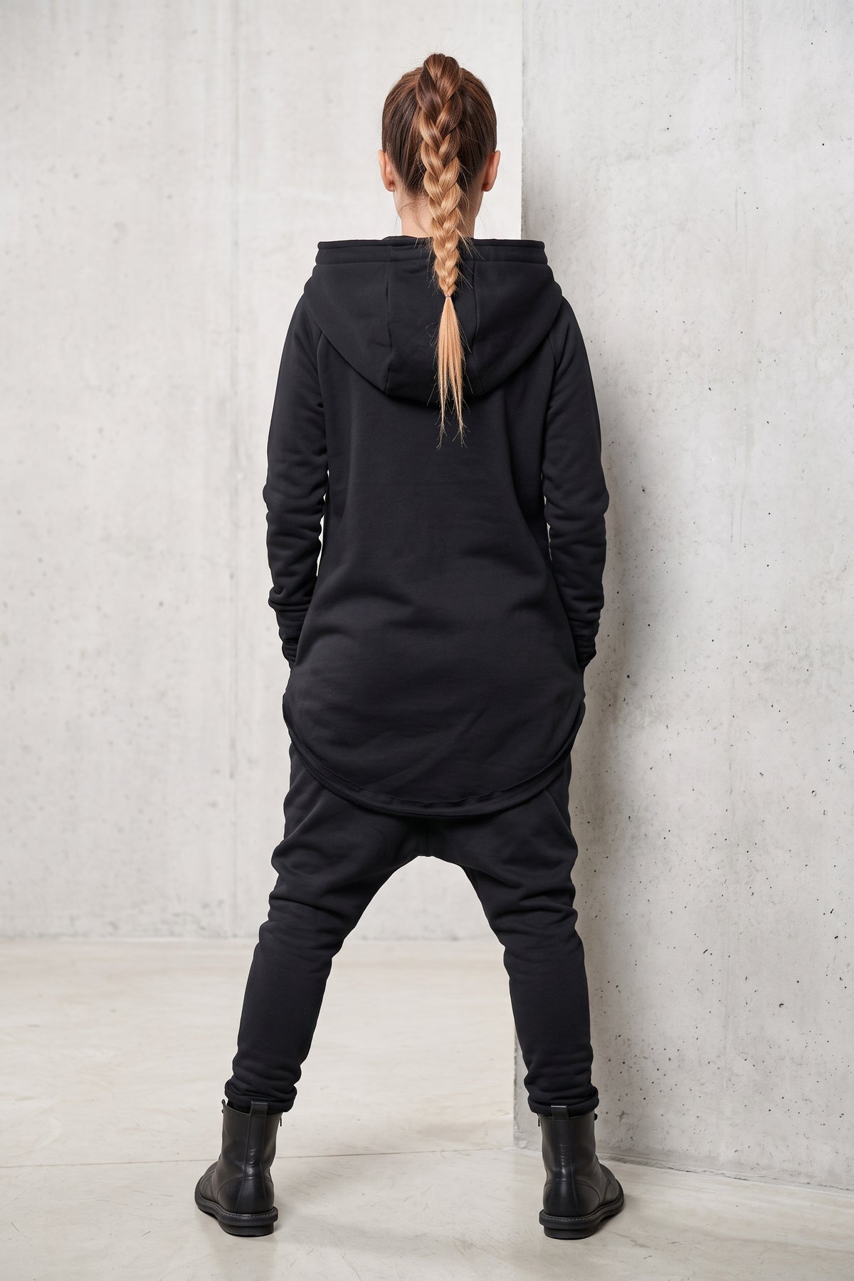 Black cotton tracksuit with oversized hoodie and harem trousers - relaxed comfortable fit, Megan | EUG Fashion #black