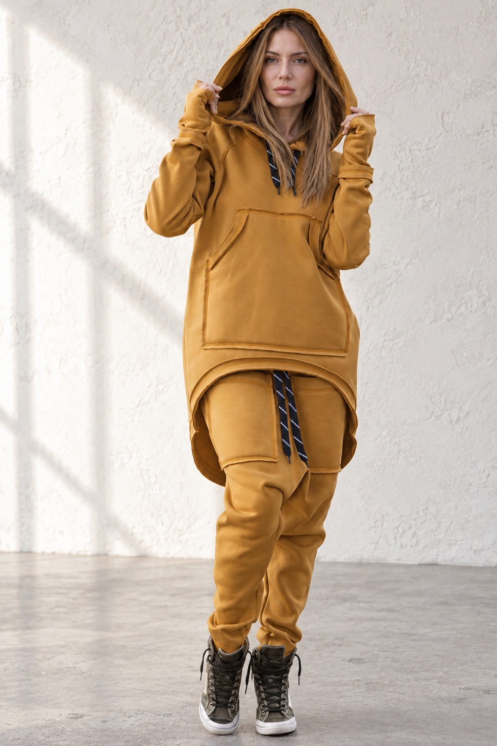 Ocher cotton tracksuit with oversized hoodie and harem trousers - relaxed comfortable fit, Megan | EUG Fashion #ocher