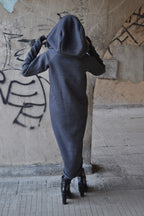 Dark grey 100% cotton hooded dress with large hood and kangaroo pocket - soft and warm for winter, Melinda | EUG Fashion #dark-grey
