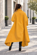 Mustard wide cape coat Renata with shawl collar - EUG Fashion #mustard
