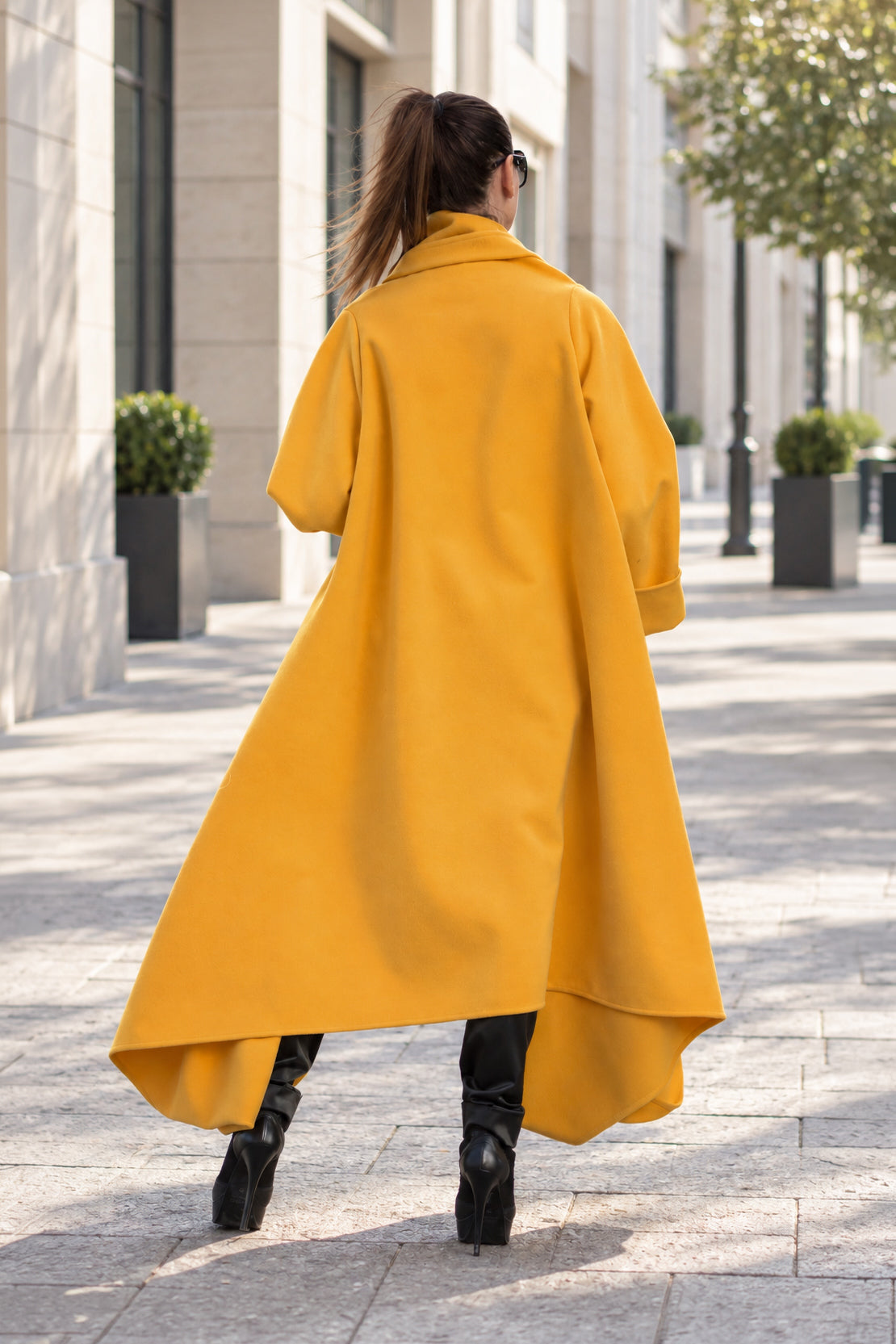 Mustard wide cape coat Renata with shawl collar - EUG Fashion #mustard
