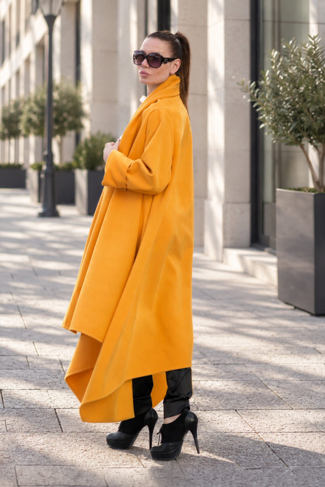 Mustard wide cape coat Renata with shawl collar - EUG Fashion #mustard
