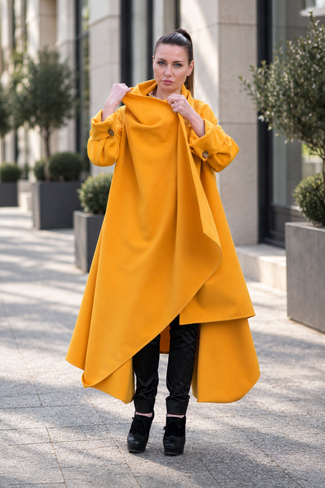 Mustard wide cape coat Renata with shawl collar - EUG Fashion #mustard
