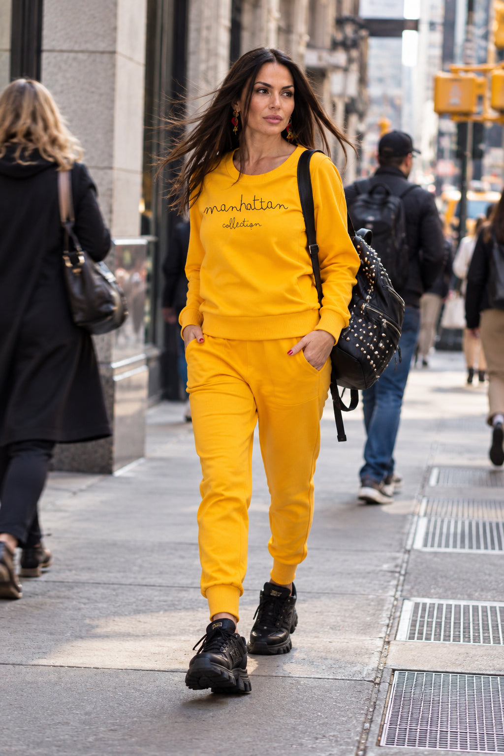 Mustard tracksuit - slim-fit cotton terry sweatshirt and pants with Manhattan Collection lettering, Gery | EUG Fashion #mustard