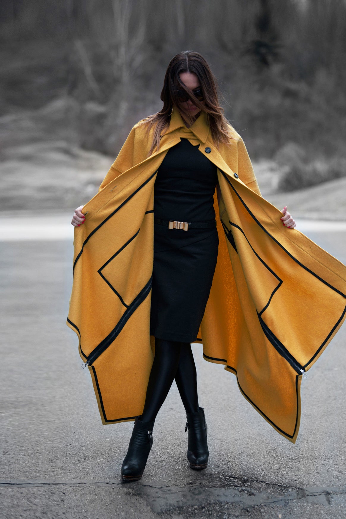 Mustard cashmere-feel cape coat with decorative side zippers and classic collar - asymmetric unlined design, Federica | EUG Fashion #mustard
